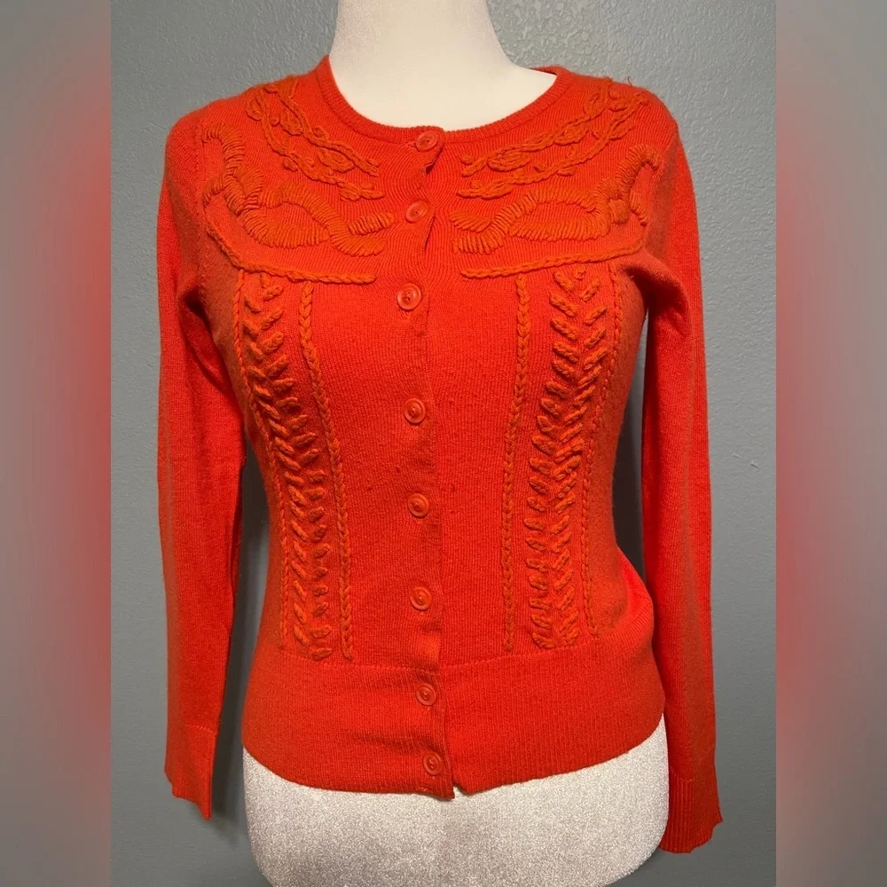Anthropologie Tabitha Women’s Orange Embroidered Flower Cardigan Sweater Boho XS - Picture 2 of 7